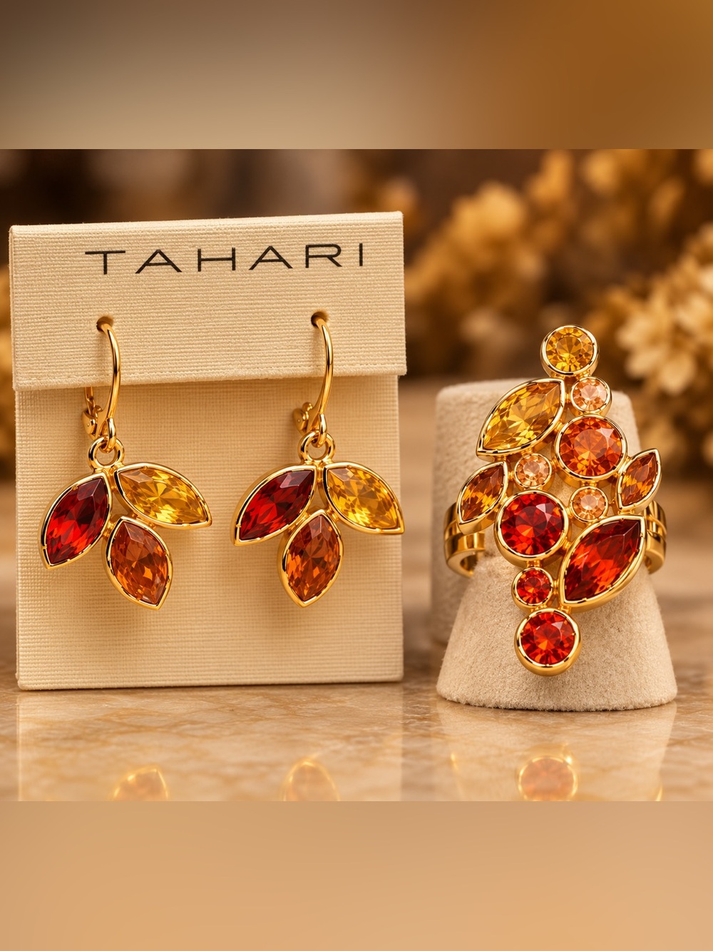 Tahari Multicolor Crystal Statement Ring & Dangle Earrings Jewelry Set Gold Tone